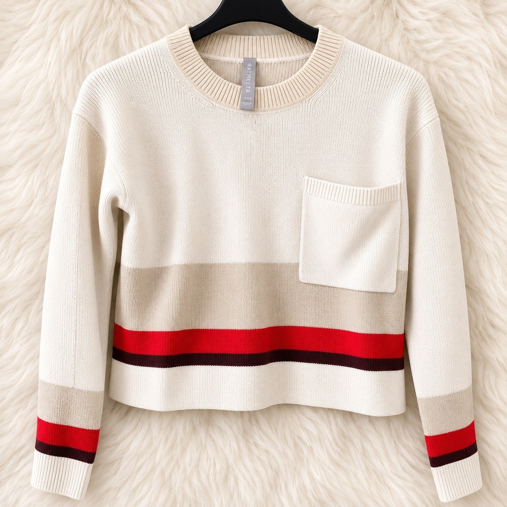 Athleta Canyon Cropped Colorblock Merino Wool Sweater Crew Neck Pocket XXS Cream